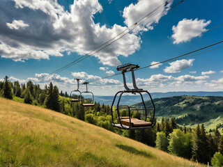 Chairlifts ascend green mountain slope under blue sky cable car grassy