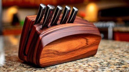 A stylish wooden knife block with five polished knives in a modern kitchen setting, Ideal for culinary articles, kitchen design projects, or home organization content,