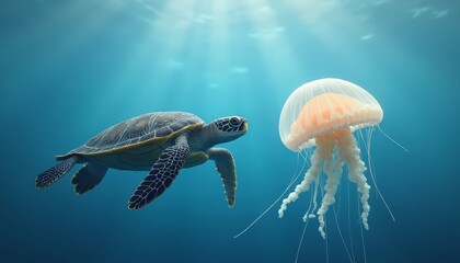 Sea Turtle and Jellyfish Swimming in the Ocean