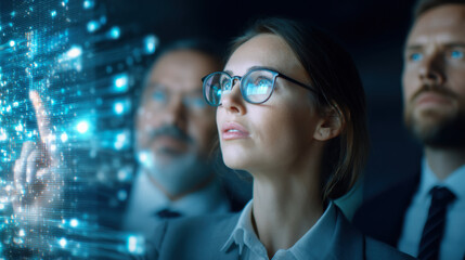 A professional team engages with digital data, focusing on innovation and technology, as they analyze information through interactive visuals.