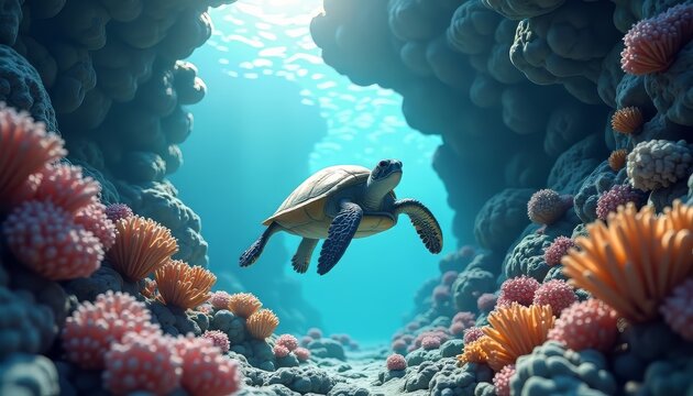 Sea Turtle Swimming Over Coral Reef