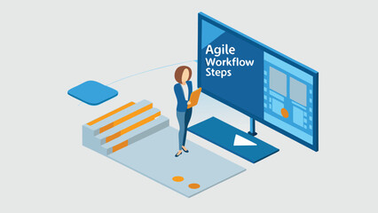 Illustration of a woman presenting agile workflow steps on a large screen with isometric elements