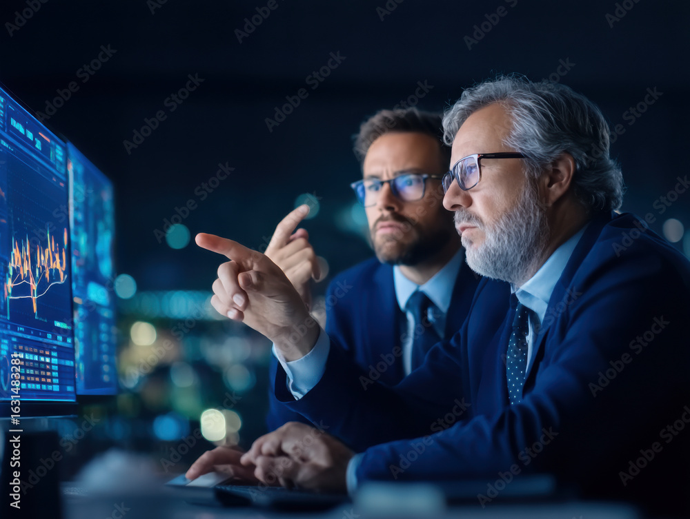 Poster two professionals analyzing data on a computer screen in a dimly lit office, engaged in discussion a