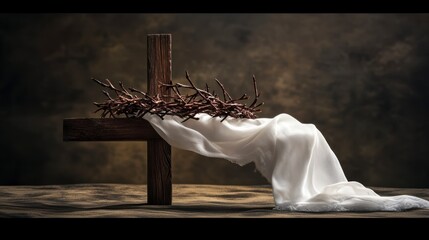 Wooden cross with crown of thorns and white cloth on dark background.
