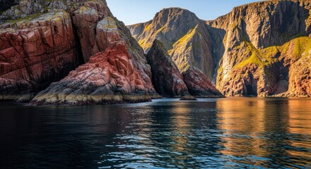 Red-streaked cliffs meet ocean under sunny sky, reflected in rippling water