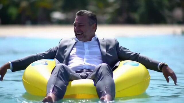Joyful businessman relaxing in the water on inflatable with enjoying vacation on tropical island.