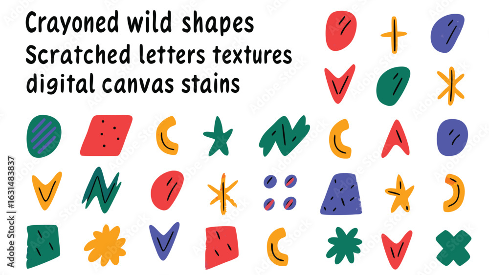 Poster collection of crayon style abstract shapes and textures in various colors on a white background canv