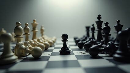 Black chess piece stands on a chessboard amidst fallen pieces.