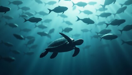 Sea Turtle Swimming Underwater with Fish
