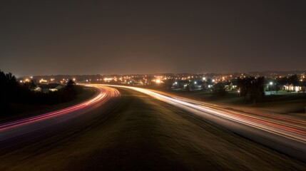 Nighttime highway with light trails, dynamic urban transportation scene, illuminated residential backdrop, ideal for travel blogs, city planning projects, and automotive advertising