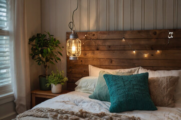 Cozy bedroom with teal pillows and string lights wooden headboard