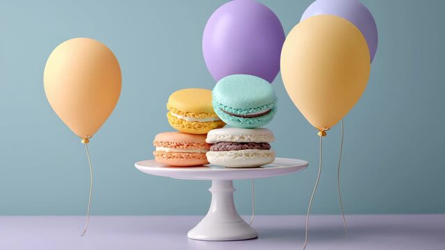 Colorful macarons arranged on a white cake stand, surrounded by pastel balloons in shades of yellow, purple, and blue, creating a festive and cheerful dessert display for celebrations