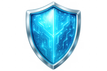 Glowing blue circuit board providing security, depicted within a metallic shield, on a transparent background
