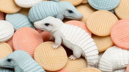 A charming display featuring colorful circular cookies and playful lizard figures creates a whimsical scene, Ideal for use in food blogs, children's products, or playful marketing materials,