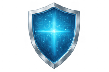 Digital cross-shaped circuit board glowing blue, enclosed within metallic shield, symbolizing cybersecurity protection on transparent backdrop