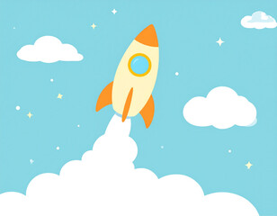  Cartoon Rocket Launch Icon with Stars and Clouds, playful hand-drawn style, isolated transparent background png
