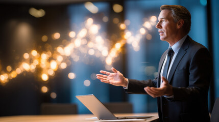 A professional man gestures while speaking, illuminated by soft lights in a modern office setting, conveying ideas and engagement.