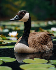 Obraz premium Goose Swimming in Pond with Lily Pads