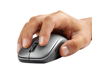 Human hand using wireless computer mouse, isolated on transparent cutout background