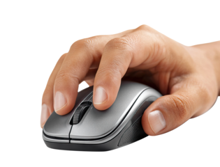 Human hand using wireless computer mouse, isolated on transparent cutout background