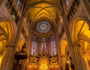 Fototapeta premium Grand cathedral interior, stained glass, arches