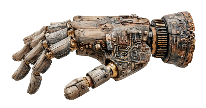 Steampunk robotic hand with detailed mechanical parts, isolated on transparent cutout background