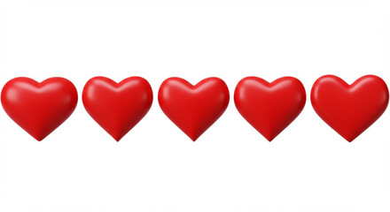 Five red hearts in a row on white, love and affection, 3D render