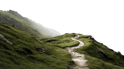 Winding dirt path through green mountain hillside, isolated on transparent cutout background