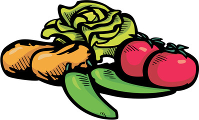 Vector art of a colorful assortment of fresh vegetables including tomatoes, peppers, and lettuce, perfect for healthy eating and cooking