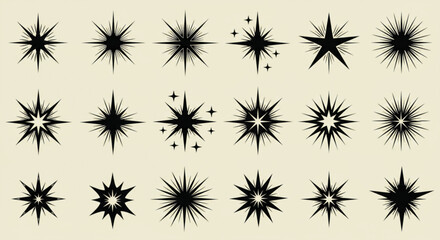 Starbursts Collection of Black Star Shapes on Beige Background, Celebration Elements
