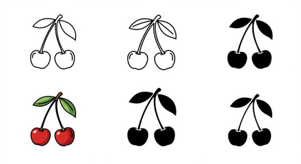 Cherry Icons in Different Styles on a White Background