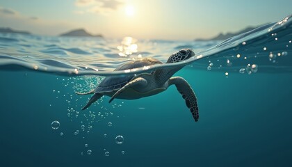 Sea Turtle Swimming in Ocean Water with Sunlight