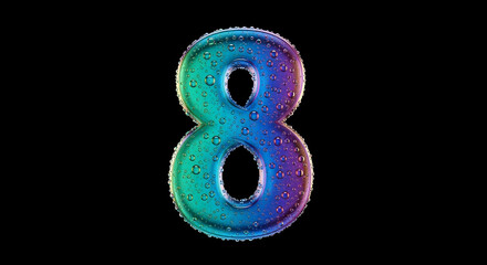 Number 8 with water drops and colorful gradient effect on black background
