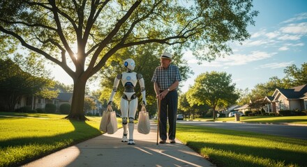 Obraz premium Robot carrying bags walking with senior man on sidewalk street