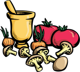 Vector art of fresh ingredients for cooking tomatoes, mushrooms, and onions, along with a mortar and pestle