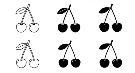 Cherries with Leaf Icon Set, Black and White Fruit Vector Illustration
