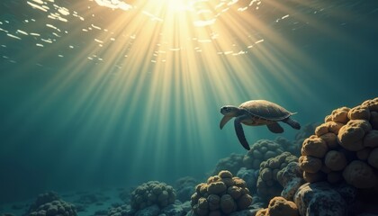 Sea Turtle Swimming Underwater with Sun Rays