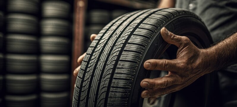 The tire held by a skilled mechanic in a dimly lit garage setting.
