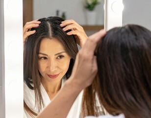 Fototapeta premium 薄毛が気になり、鏡を見ながら髪の生え際を触る女性