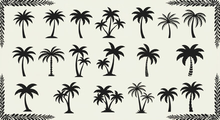 Tropical palm tree silhouettes with decorative leaf border on beige background