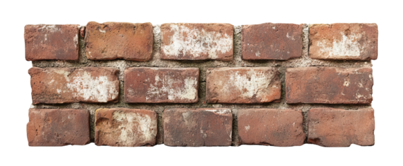 Old red brick wall with white patina, isolated on transparent cutout background