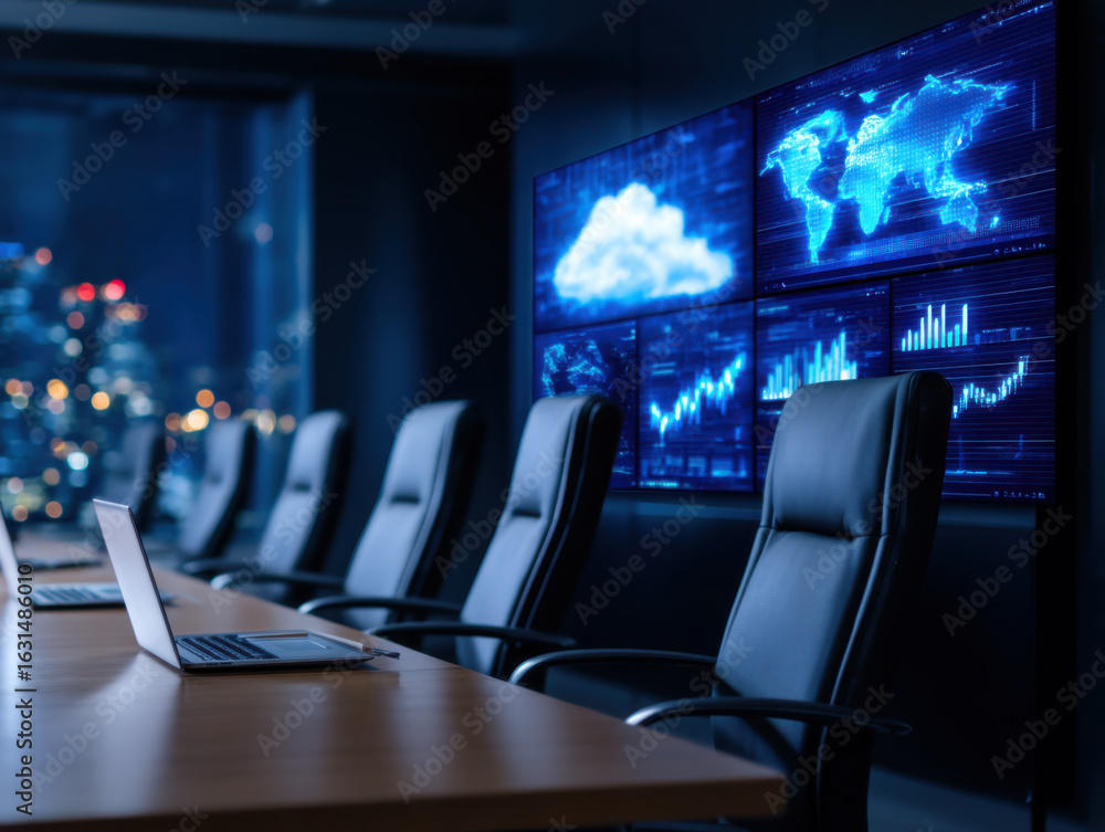 Aufkleber a modern conference room with high-tech displays showing global data and analytics, emphasizing a pr