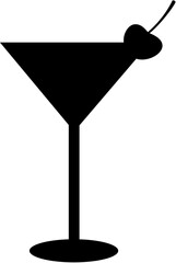 Vector art of silhouette of a martini glass with an olive garnish, isolated on white background