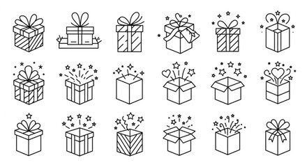 Gift Boxes Line Art Icons Set for Celebration, Holiday, Surprise