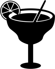 Vector art of silhouette of a margarita cocktail with a lime slice and straw, isolated on white background