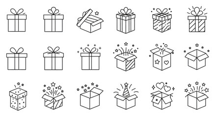 Gift boxes line icons set, presents with ribbons and bows for celebration