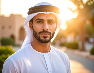 Close-up portrait of a man in traditional Middle Eastern attire, outdoors in warm light