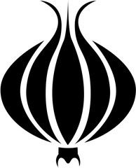 Vector art of stylized black and white graphic icon of an onion, isolated on white background