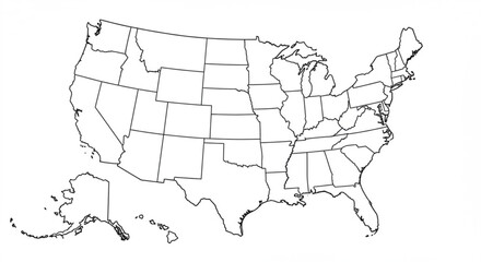 USA Map with State Borders on White, Perfect for Educational Materials and Geography Resources