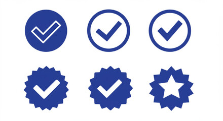 Blue Check Mark Icons Set on White, Verification Badge Symbols for Social Media